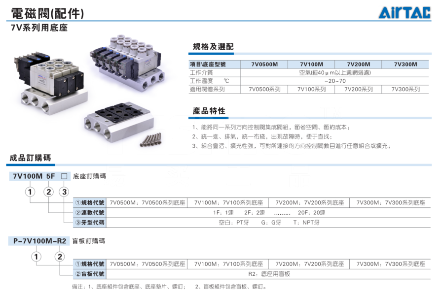 亚德客 AirTAC 7V系列用底座 7V100M5F 7V100M【7V100系列底座】 5F【5连】 空白【PT牙】 1/4 ...
